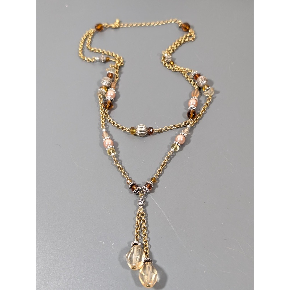 Avon Double Chain‎ Lariat Amber Color Beaded Necklace Elegant Chic 19 in - Picture 2 of 12